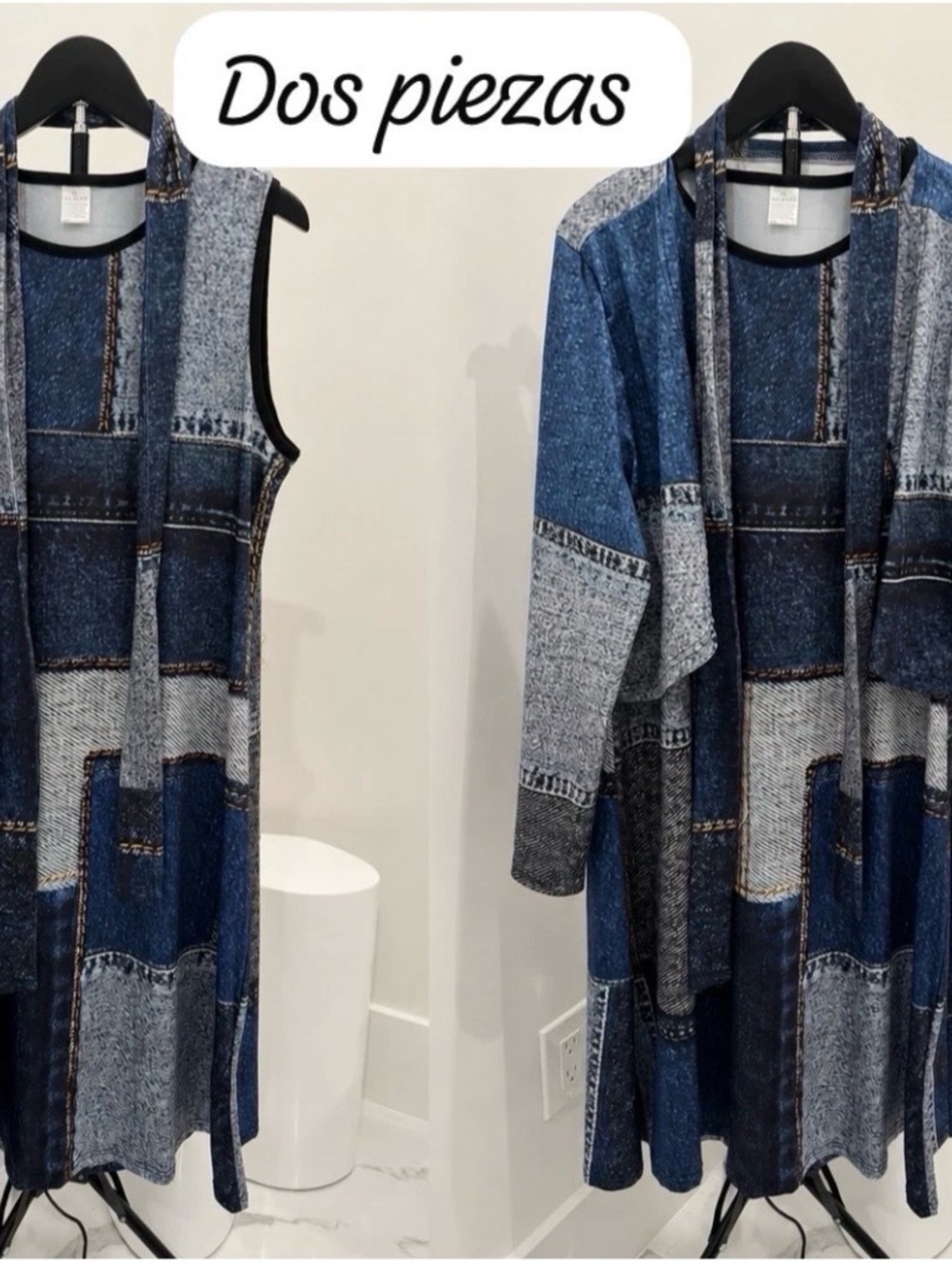 Two-Piece Blue Patchwork Jean Jacket & Sleeveless Cardigan Set